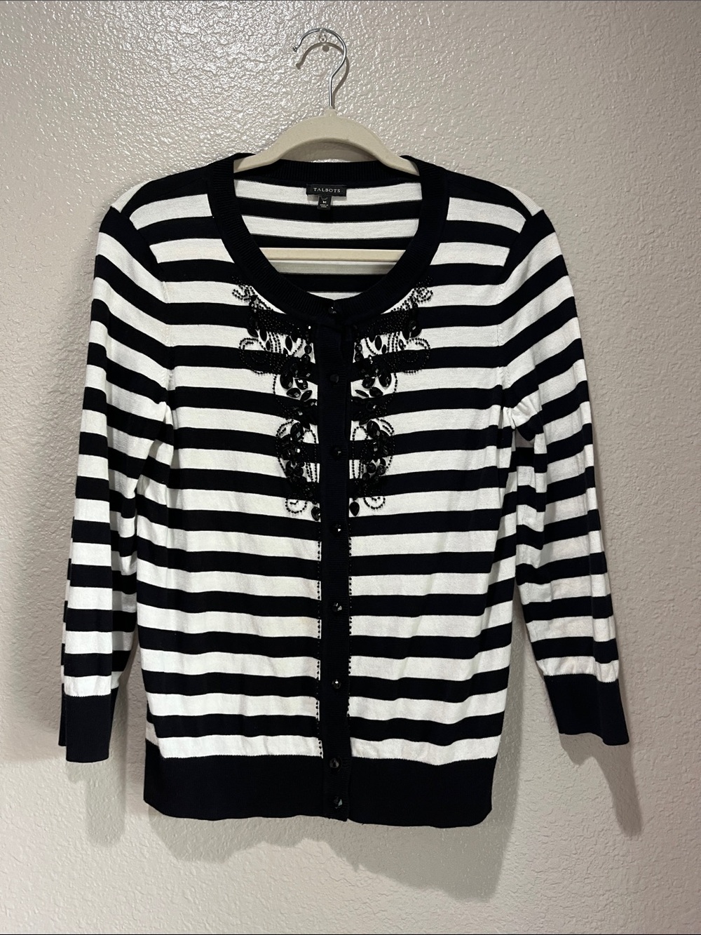 Talbots Black White Striped Embellished Button Down Cardigan Sz M TC0298